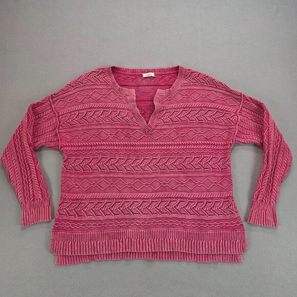 Sundance Boxy Cable Knit Sweater V-neck Drop Sleeve Split Side Hem Chunky Knit L - Picture 2 of 7